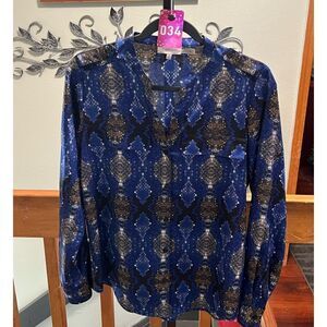 Calvin Klein Adjustable Sleeve Blue & Brown Patterned Button Down Blouse #034